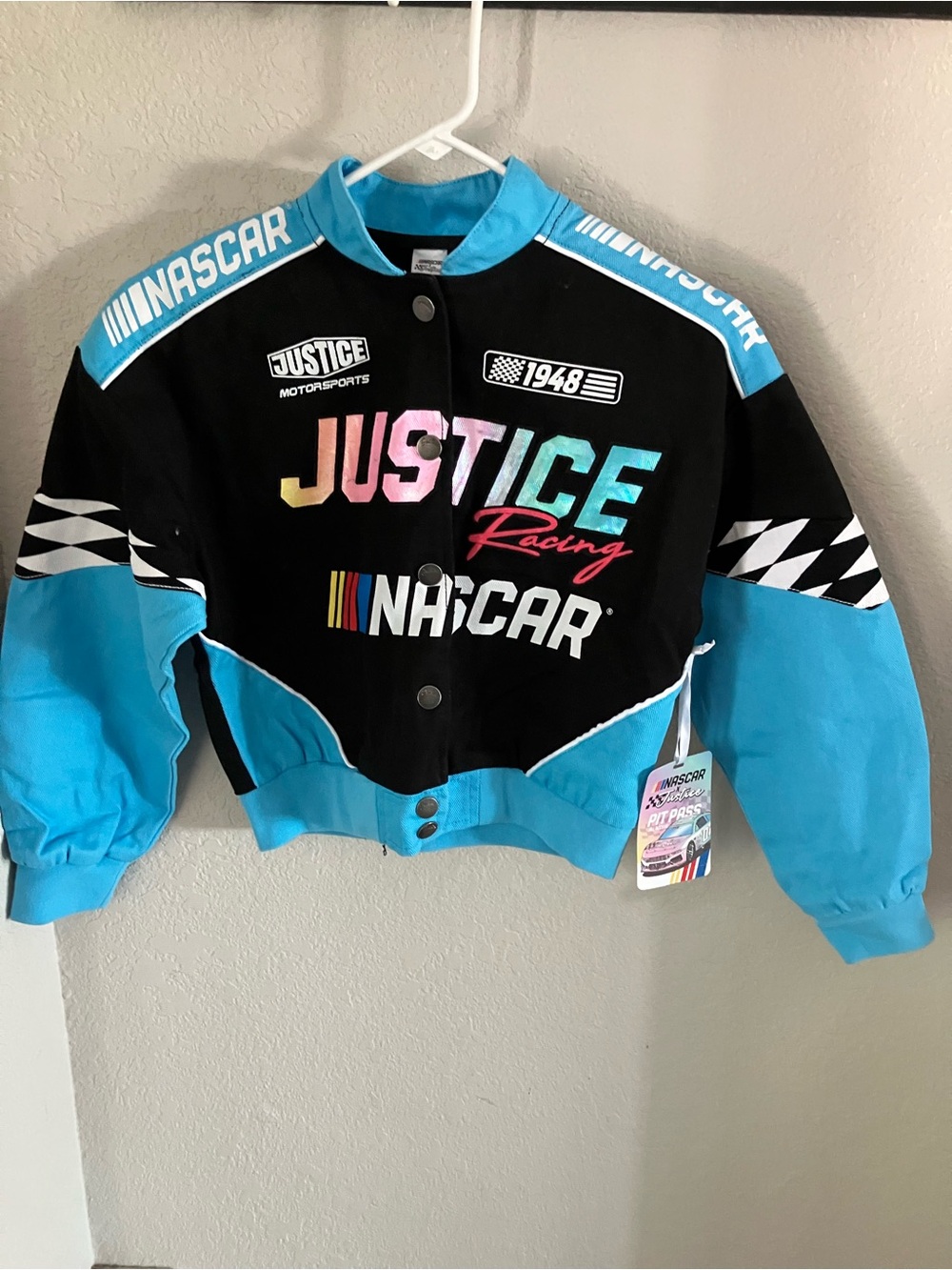 Justice Girls' Black & Aqua Blue Racing Puff Jacket